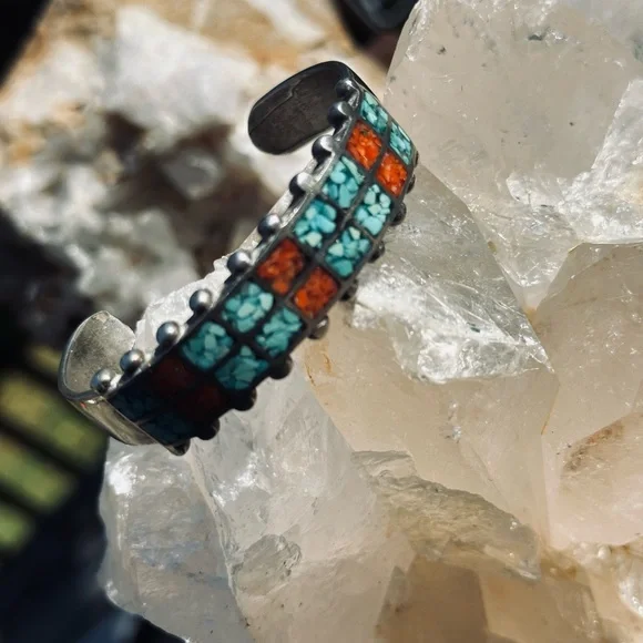 Navajo Zuni Handmade Turquoise Coral Stones Mosaic Bracelet. Vintage - Picture 6 of 9